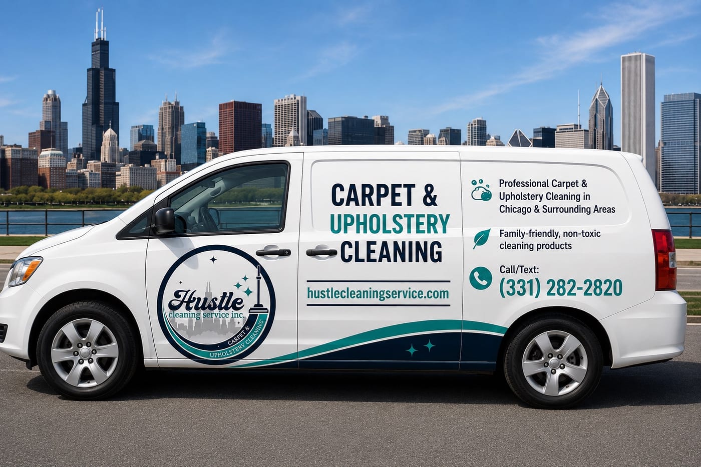 The Hustle Cleaning Service Inc. van in front of the Chicago skyline