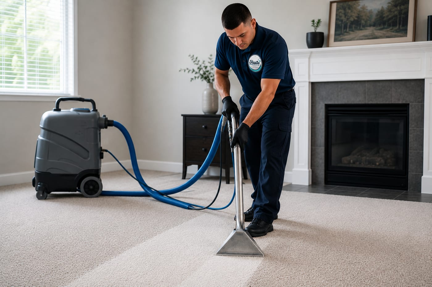 Technician steam-cleaning a living room carpet