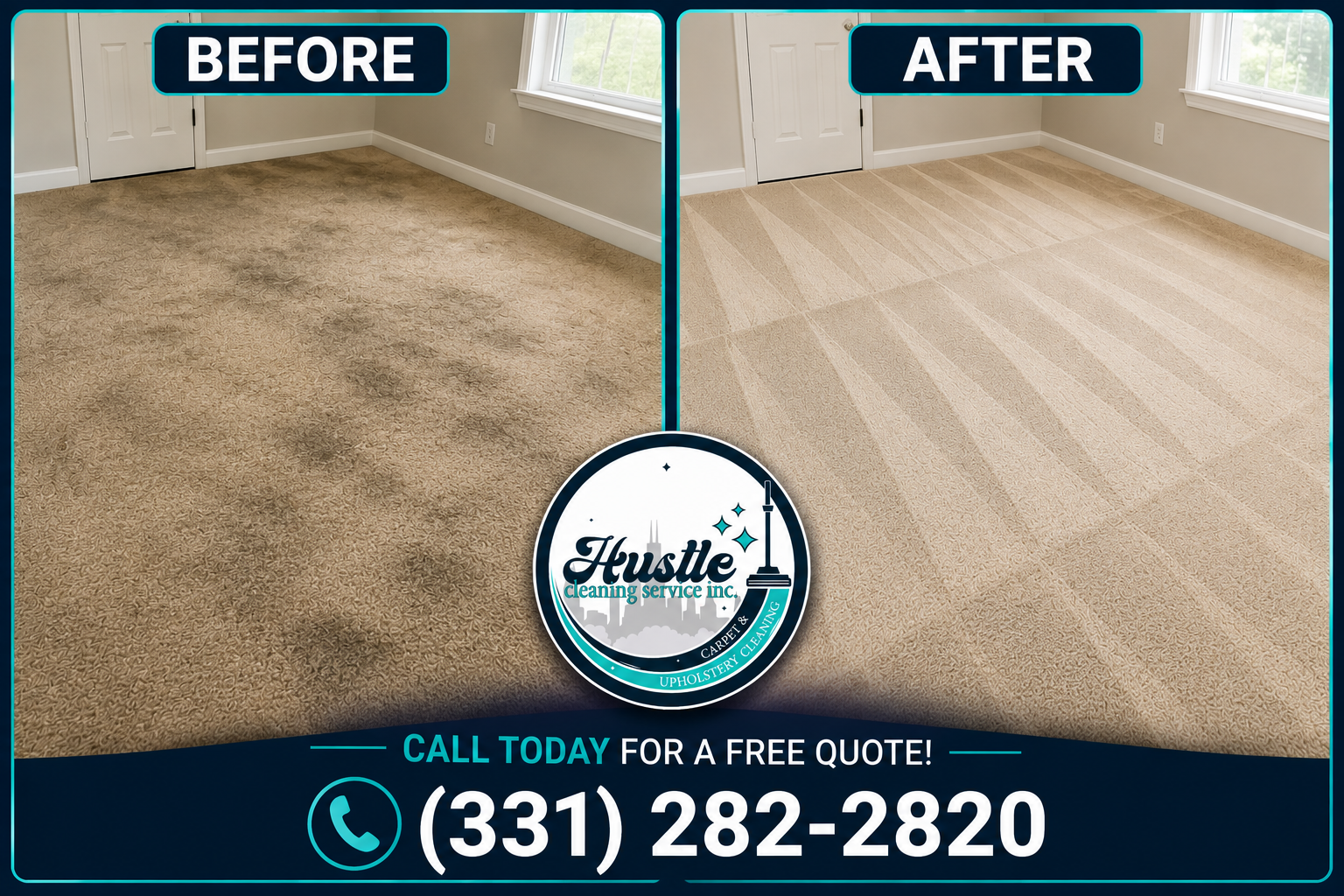 Hustle Cleaning Service Inc. technician steam-cleaning a living room carpet